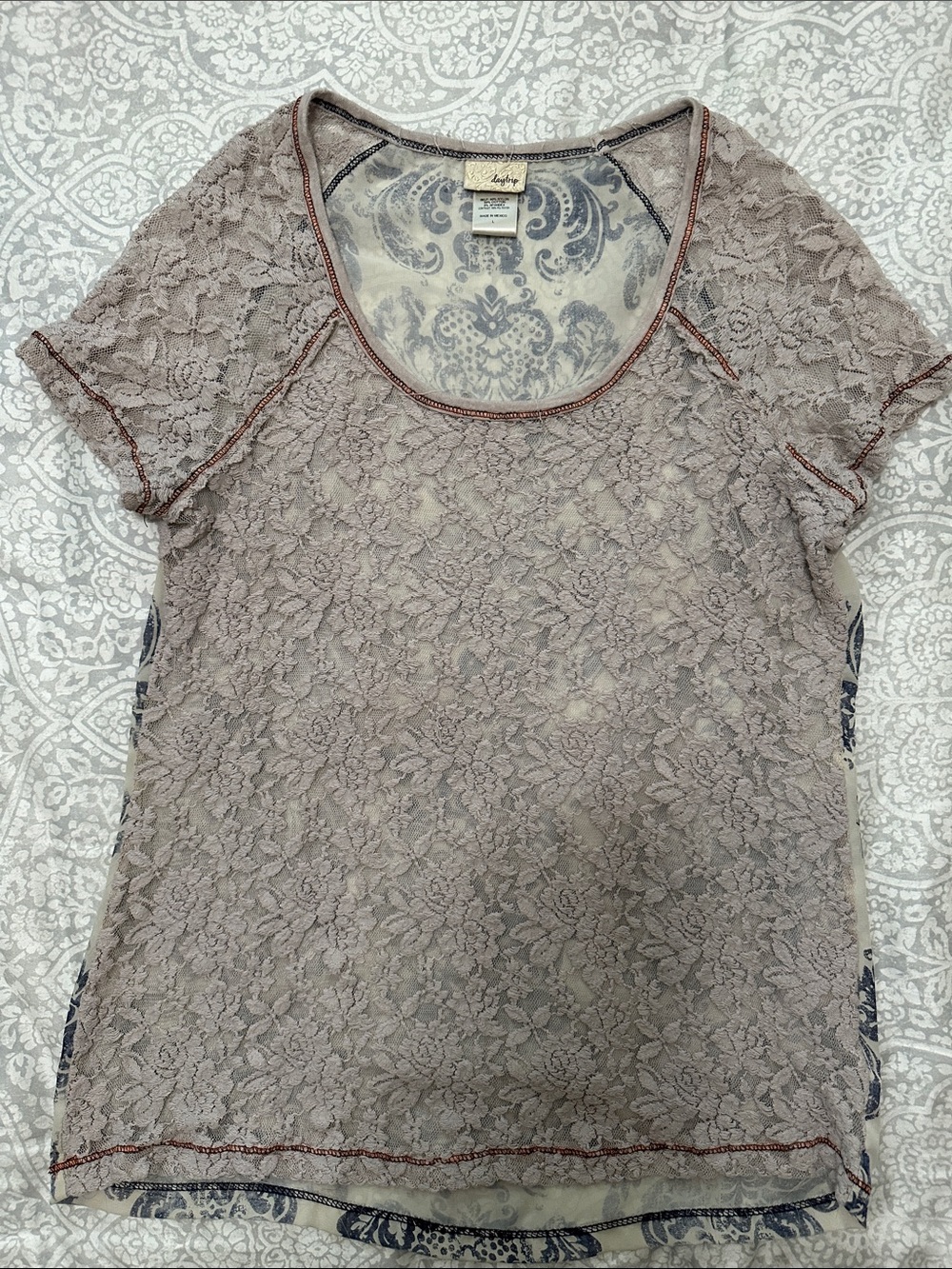 Daytrip Taupe Lace Short Sleeve Scoop Tee